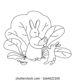 Coloring page outline in cartoon style isolated on white background. Family of rabbits decorates an egg. Vector illustration. Coloring book for adults and children.