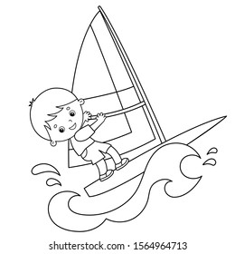 Coloring Page Outline of cartoon surfer on waves. Windsurfing. Coloring book for kids.