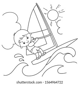 Coloring Page Outline of cartoon surfer on waves. Windsurfing. Coloring book for kids.