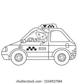 Coloring Page Outline Of cartoon taxi driver with car. Profession - driver. Taxi. Image transport or vehicle for children. Coloring book for kids.