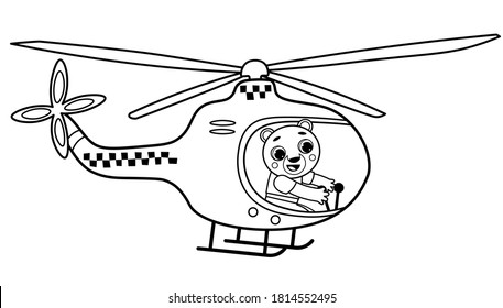 Coloring page outline of cartoon taxi helicopter with animal. Vector image on white background. Coloring book of transport for kids.