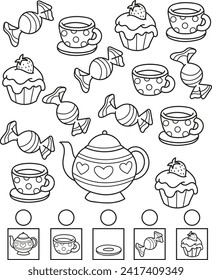 Coloring page outline of the cartoon teapot, cups and sweets. Colorful vector illustration of educational game for preschool children, summer coloring book for kids.