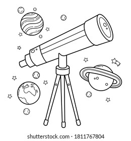 Coloring Page Outline Of a cartoon telescope with stars and planets. Space and astronomy. Coloring book for kids.  