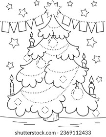 Coloring page outline of the cartoon tree. Educational exercise, preschool worksheet for practicing fine motor skills, tracing dashed lines, colorful vector illustration, coloring book for kids.