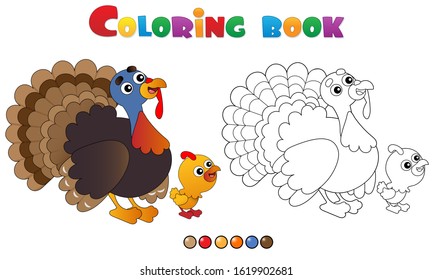 Coloring Page Outline of cartoon turkey with nestling. Farm animals. Coloring book for kids.