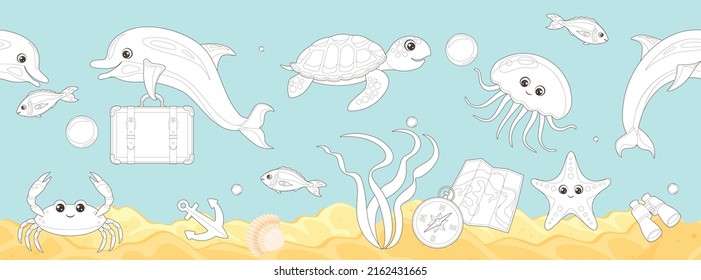 Coloring page outline of cartoon underwater sea life. Undersea landscape with cute dolphins, funny crab, fish, jellyfish, turtle, starfish and travel stuff. Coloring book for children. Vector