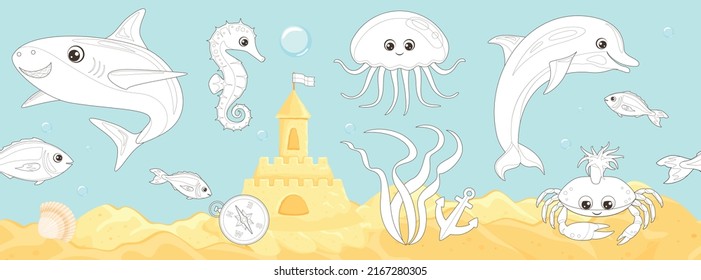 Coloring page outline of cartoon underwater sea life. Undersea landscape with cute shark, dolphin, crab, fish, jellyfish, seahorse and travel stuff. Coloring book for children. Vector illustration.