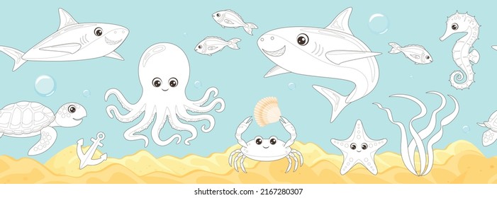 Coloring Page Outline Of Cartoon Underwater Sea Life. Undersea Landscape With Cute Shark, Turtle, Octopus, Crab, Starfish, Seahorse And Travel Stuff. Coloring Book For Children. Vector Illustration.