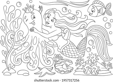 Coloring page outline of cartoon. Vector illustration, coloring book for kids. Princess Doodle page. Children background. Mermaid and octopus cartoon. Marine fauna sketch