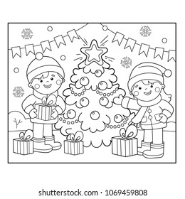 Coloring Page Outline Of children with gifts at Christmas tree. Christmas. New year. Coloring book for kids