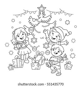 Coloring Page Outline Of children with gifts at Christmas tree. Christmas. New year. Coloring book for kids