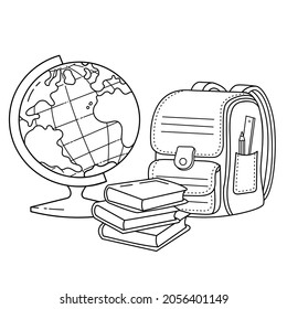Coloring Page Outline Of Children Satchel Or Knapsack With Books Or Textbooks And With Globe. School Supplies. Coloring Book For Kids