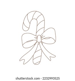 Coloring page outline of Christmas candy cane with bow. Outlined sweet lollipop. Coloring vector book antistress for adult and kids. 