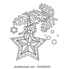 Coloring Page Outline Of Christmas decoration. Star. Christmas tree branch. New year. Coloring book for kids