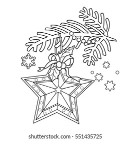 Coloring Page Outline Of Christmas decoration. Star. Christmas tree branch. New year. Coloring book for kids