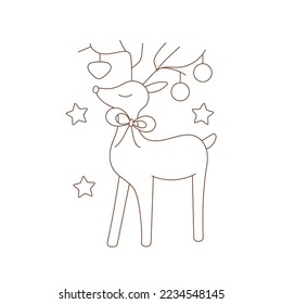 Coloring page outline of Christmas deer with toys. Outlined festive animal. Coloring vector book antistress for adult and kids. 