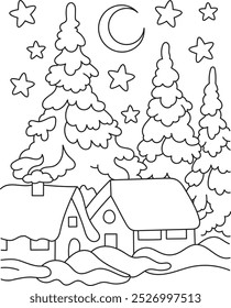 Coloring page outline of christmas night. Colorful vector illustration, winters coloring book for kids.