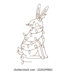 Coloring page outline of Christmas rabbit. 2023 is the year of the rabbit. Outlined hare with decorative garland. Coloring vector book antistress for adult and kids.
