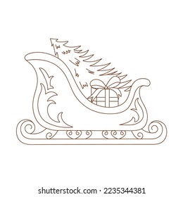 Coloring page outline of Christmas Santa Claus sleigh. Outlined sleigh, gift, candy cane and spruce. Coloring vector book antistress for adult and kids. 