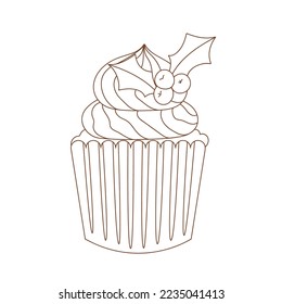 Coloring page outline of Christmas sweet cupcake. Outlined muffin with cream and decoration. Coloring vector book antistress for adult and kids. 