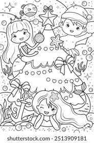 Coloring Page Outline Of Christmas theme with mermaids