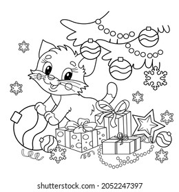 Coloring Page Outline Of Christmas tree with gifts and with little cat. Christmas. New year. Coloring book for kids