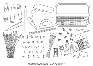 Coloring page with outline collection school supplies including pencils, pens, erasers, sharpener, markers set, stapler and case. For entertaining kids activity, back to school black and white design.