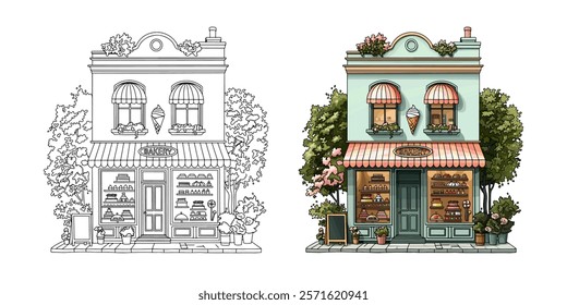 coloring page an outline and colored version of a cute house bakery in summer, featuring baked goods, pastries