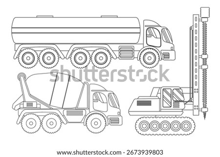 Coloring Page Outline Construction Vehicles Including Cement Mixer Tanker Truck And Pile Driver On White Background