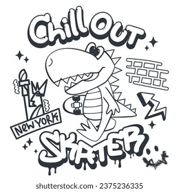 Coloring page outline, Cool dinosaur boy cartoon holding skateboard in new york city isolated on white background illustration vector.