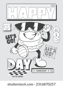 Coloring page outline, Cool hamburger character cartoon wearing sunglasses on isolated background illustration vector