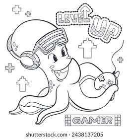 Farbige Umrisse der Seite, Cool Octopus Cartoon mit einem Joystick und Spielen von Videospielen isoliert auf weißem Hintergrund Illustrationsvektor.