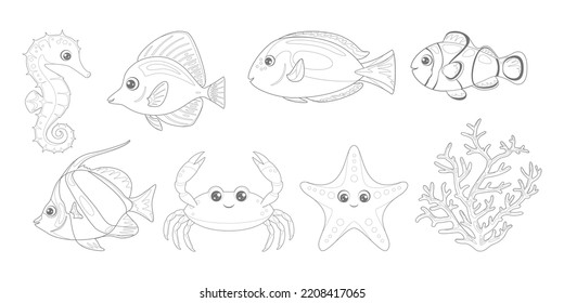 Coloring page outline of coral reef fish. Set of crab, starfish, bannerfish, blue tang, zebrasoma, clownfish, seahorse and corals. Outlined vector cartoon illustration of ocean life. Coloring book