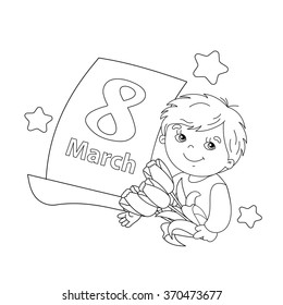 Coloring page outline of Cute boy with a bouquet of Tulips in his hand with a calendar on a white background.  Mother's Day. Women's day.