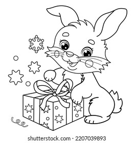 Coloring Page Outline Of cute bunny or rabbit with gifts. Christmas. New year. Coloring book for kids