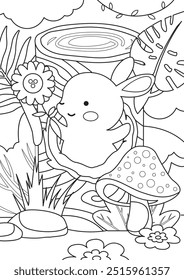 Coloring page outline of a cute bunny pop up from the tree hole