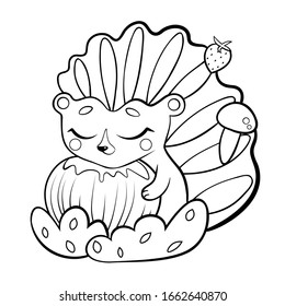 Coloring page outline of cute cartoon hedgehog with apple. Vector image isolated on white background. Coloring book of forest wild animals for kids.