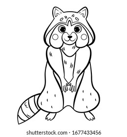 Coloring page outline of cute cartoon raccoon. Vector image isolated on white background. Coloring book of forest wild animals for kids.