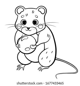 Coloring page outline of cute cartoon forest vole or mouse with berry. Vector image isolated on white background. Coloring book of forest wild animals for kids.