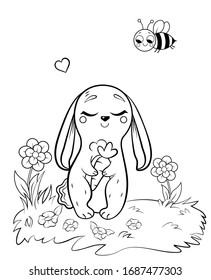 Coloring page outline of cute cartoon hare with carrot. Vector image with forest background. Coloring book of forest wild animals for kids.