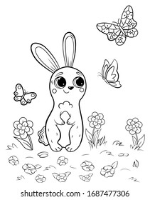 Coloring page outline of cute cartoon hare watching butterflies. Vector image with forest background. Coloring book of forest wild animals for kids.