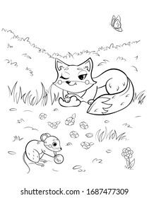 Coloring page outline of cute cartoon fox and mouse or vole. Vector image with forest background. Coloring book of forest wild animals for kids.