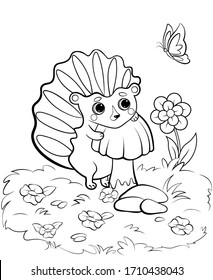 Coloring page outline of cute cartoon hedgehog with mushroom. Vector image with nature background. Coloring book of forest wild animals for kids.
