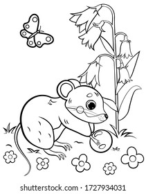 Coloring page outline of cute cartoon vole or mouse with berry. Vector image with nature background. Coloring book of forest wild animals for kids.
