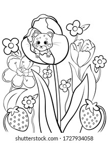 Coloring page outline of cute cartoon forest vole or mouse with flower tulip. Vector image with floral background. Coloring book of forest wild animals for kids.