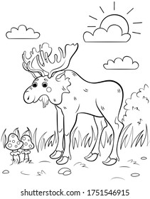 Coloring page outline of cute cartoon moose. Vector image with forest background. Coloring book of forest wild animals for kids.