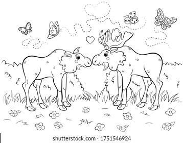 Coloring page outline of cute cartoon moose couple in love. Vector image with forest background. Coloring book of forest wild animals for kids.