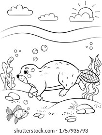 Farbige Seitenumrisse des süßen Cartoons, der unter Wasser schwimmt. Vektorbild mit Naturhintergrund. Farbbuch von wilden Waldtieren für Kinder.