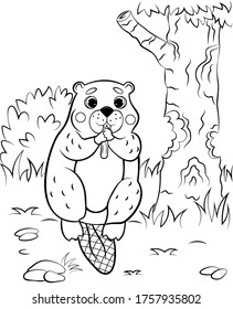 Coloring page outline of cute cartoon beaver gnaws a tree. Vector image with nature background. Coloring book of forest wild animals for kids.