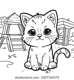 Coloring Page Outline Of cute cartoon little cat.